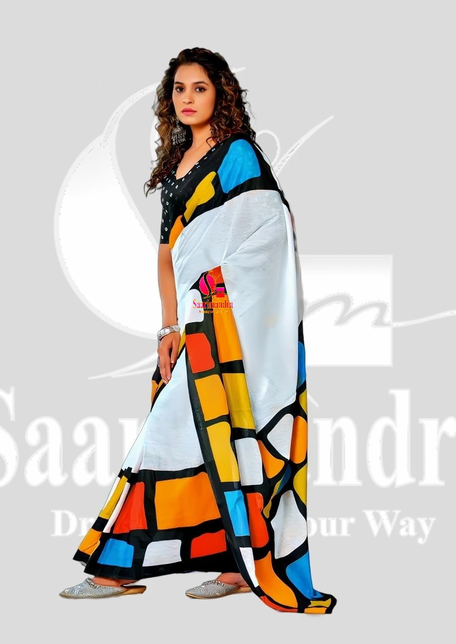 Batik Indian Premium Elegant White & Multicolor Geometric Printed Cotton Saree